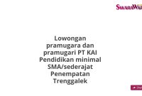 Lowongan pramugara dan pramugari PT KAI Pendidikan minimal SMA/sederajat Penempatan Trenggalek