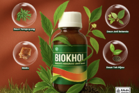 Biokhol, suplemen herbal penurun kolesterol tinggi dengan kandungan alami seperti madu, daun salam, temulawak, dan jati belanda.
