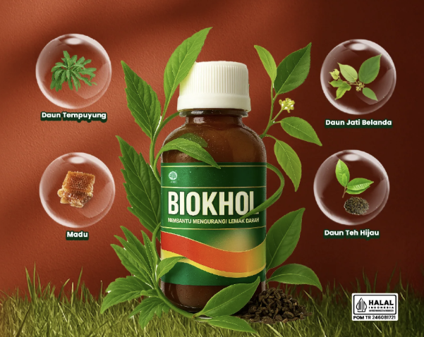 Biokhol, suplemen herbal penurun kolesterol tinggi dengan kandungan alami seperti madu, daun salam, temulawak, dan jati belanda.
