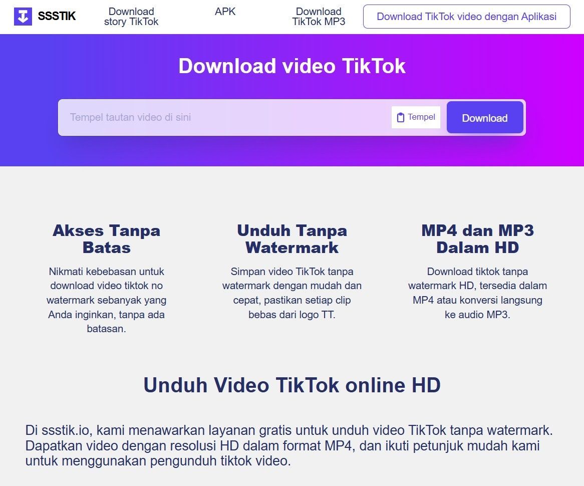 Download video TikTok tanpa watermark pakai sssTik. Simpan video favoritmu dalam kualitas HD atau 4K gratis dan tanpa aplikasi!